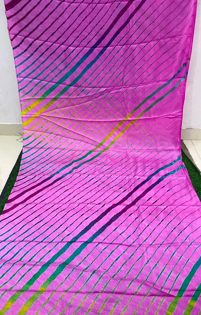 Deep Pink Pure Handloom Tusser Silk Multi Leheriya Saree ✨ - Image 2