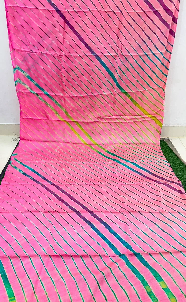 Baby Pink Pure Handloom Tusser Silk Multi Leheriya Saree ✨ - Image 3