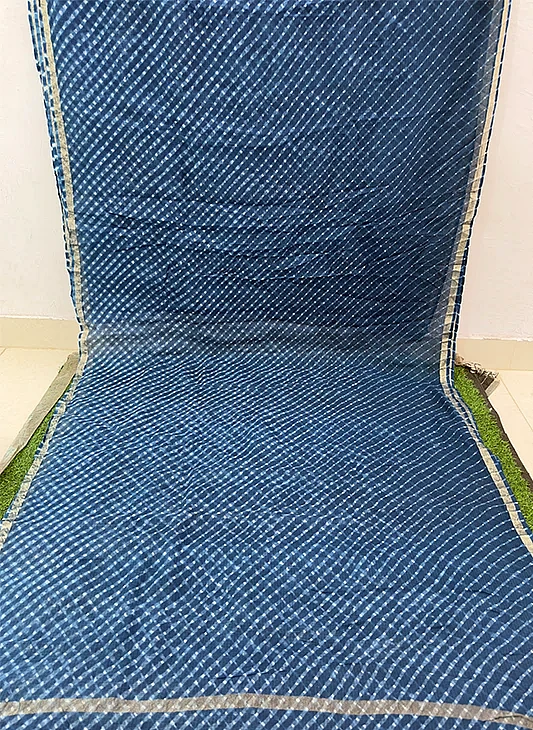 Blue Kota Cotton Leheriya Mothda Saree - Image 2