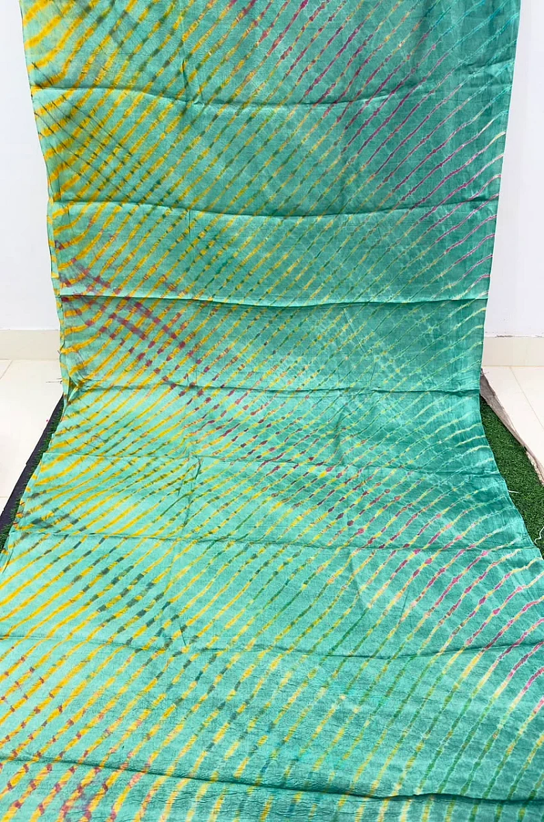 Green Pure Handloom Tusser Silk Multi Leheriya Saree ✨ - Image 3
