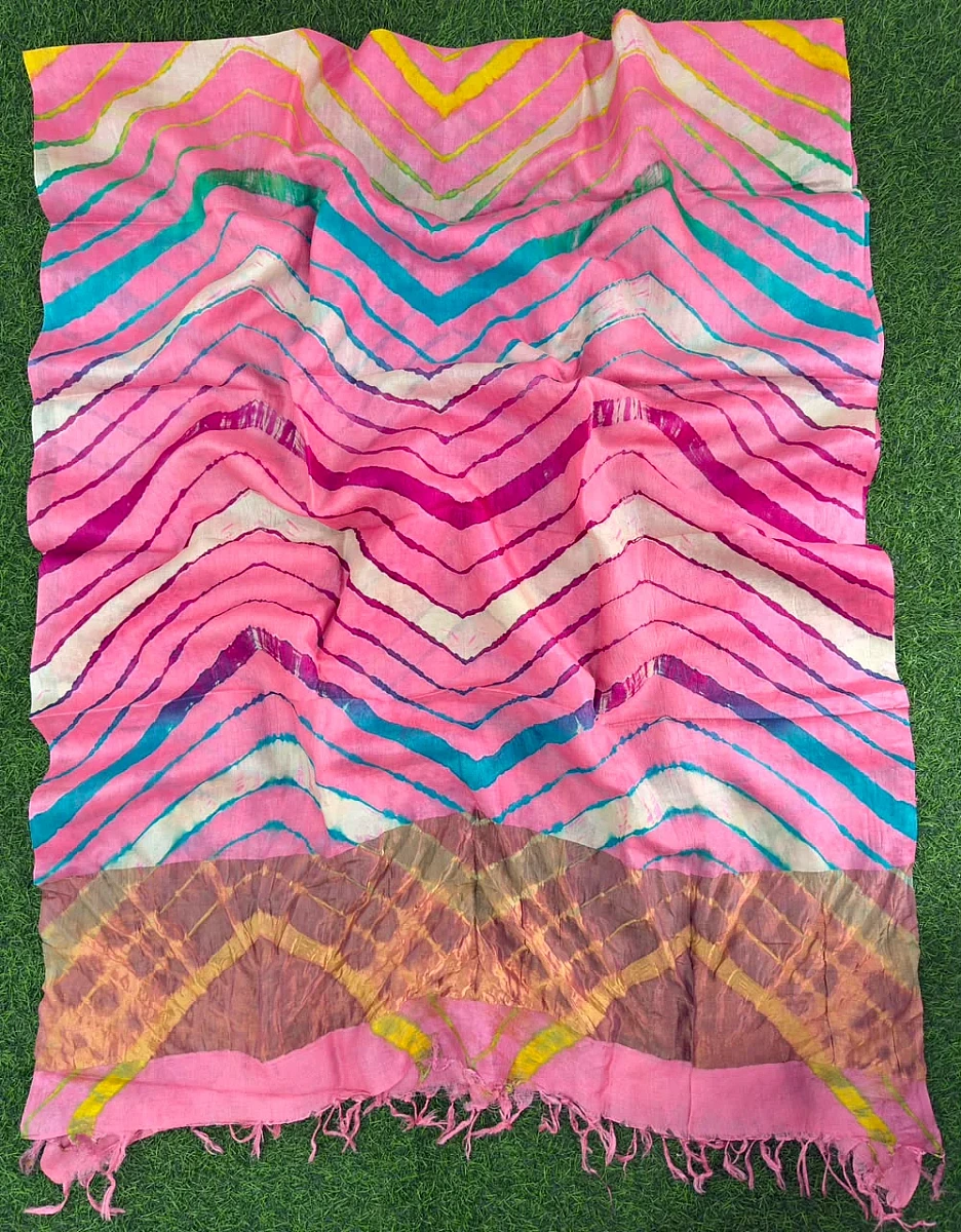 Baby Pink Pure Tusser Silk with vibrant multicolour Leheriya waves