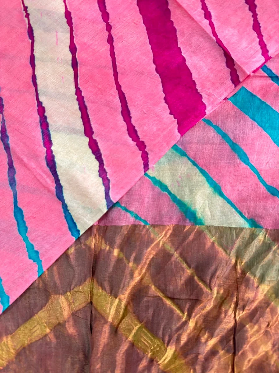 Baby Pink Pure Tusser Silk with vibrant multicolour Leheriya waves - Image 2