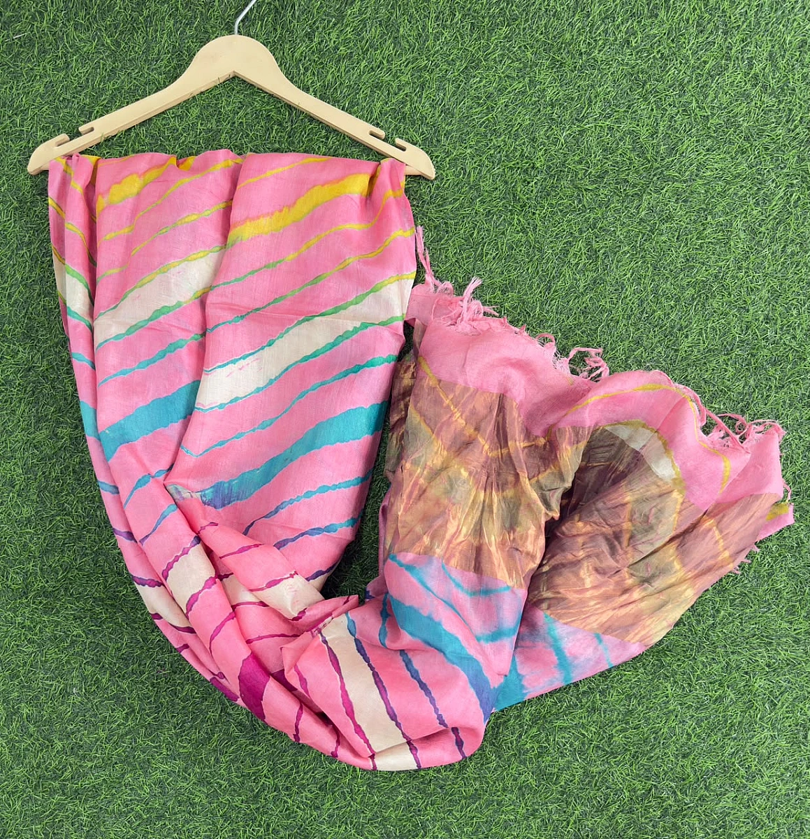 Baby Pink Pure Tusser Silk with vibrant multicolour Leheriya waves - Image 3