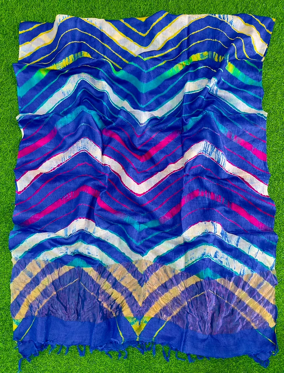 Dark Blue Pure Tusser Silk with vibrant multicolour Leheriya waves