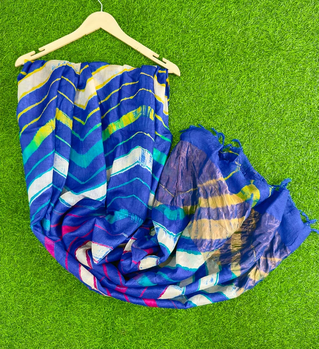 Dark Blue Pure Tusser Silk with vibrant multicolour Leheriya waves - Image 2
