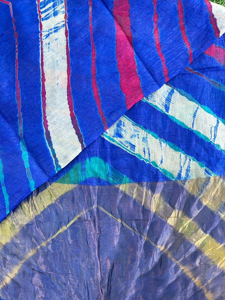 Dark Blue Pure Tusser Silk with vibrant multicolour Leheriya waves - Image 3
