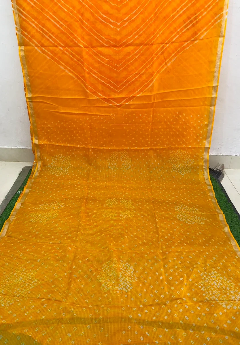 Yellow Pure Kota Silk Leheriya paired with a stunning Bandhani pallu