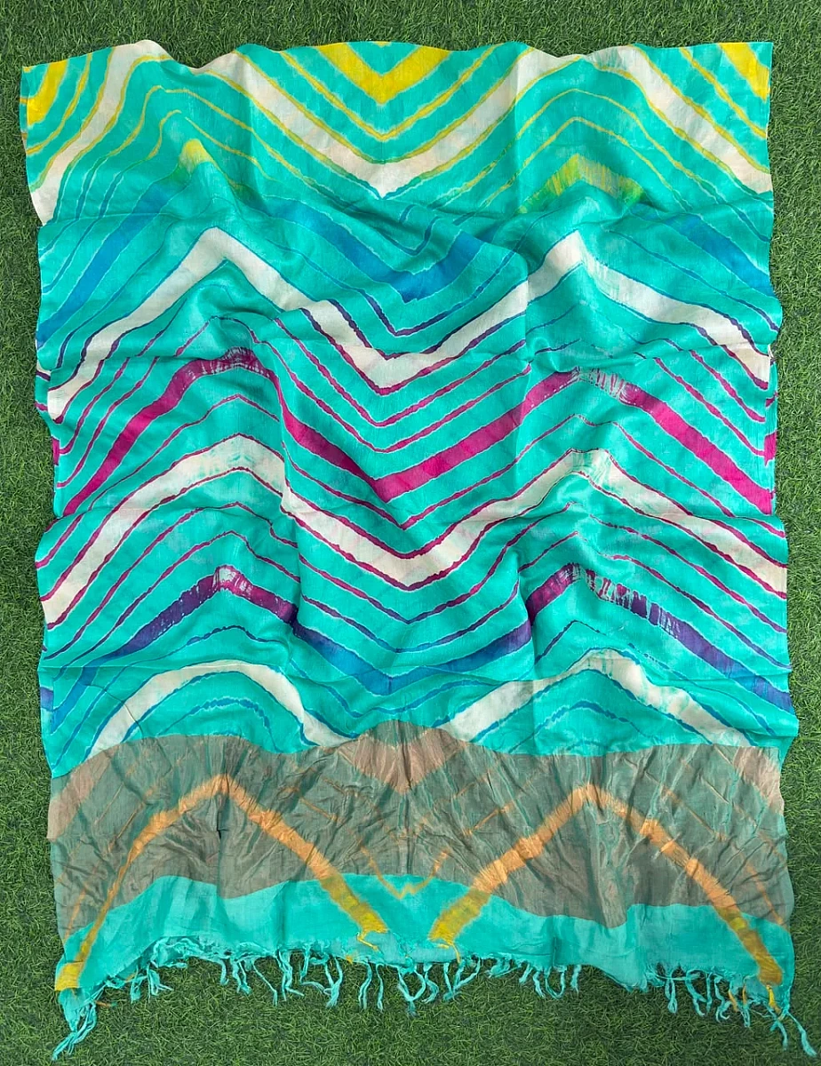 Teal Blue Pure Tusser Silk with vibrant multicolour Leheriya waves