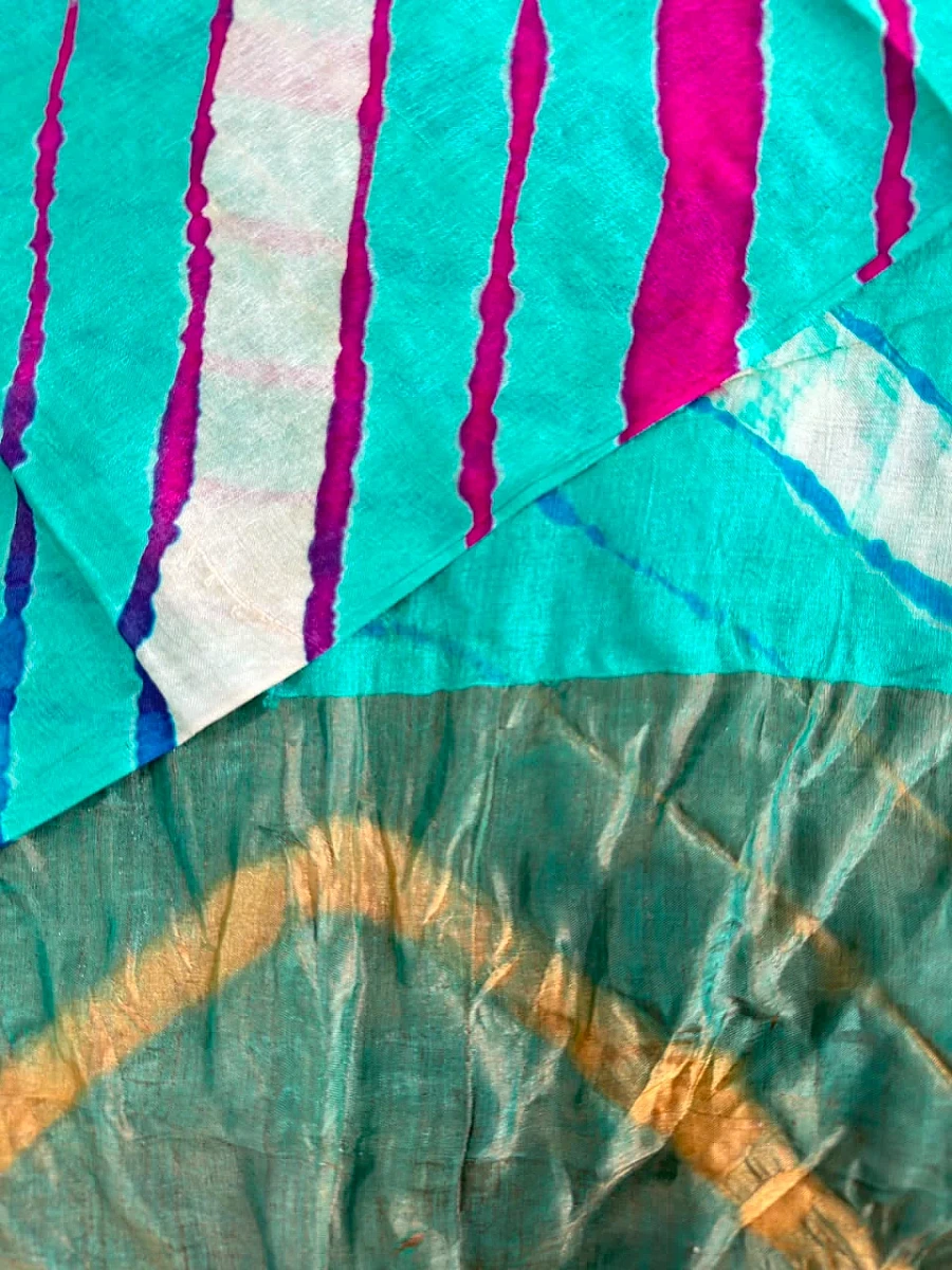 Teal Blue Pure Tusser Silk with vibrant multicolour Leheriya waves - Image 2