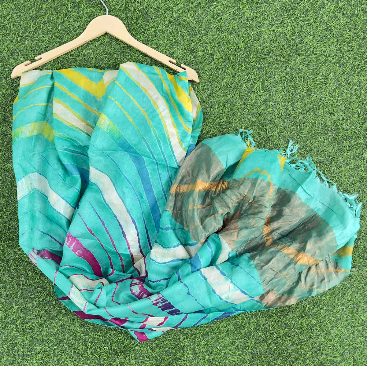 Teal Blue Pure Tusser Silk with vibrant multicolour Leheriya waves - Image 3