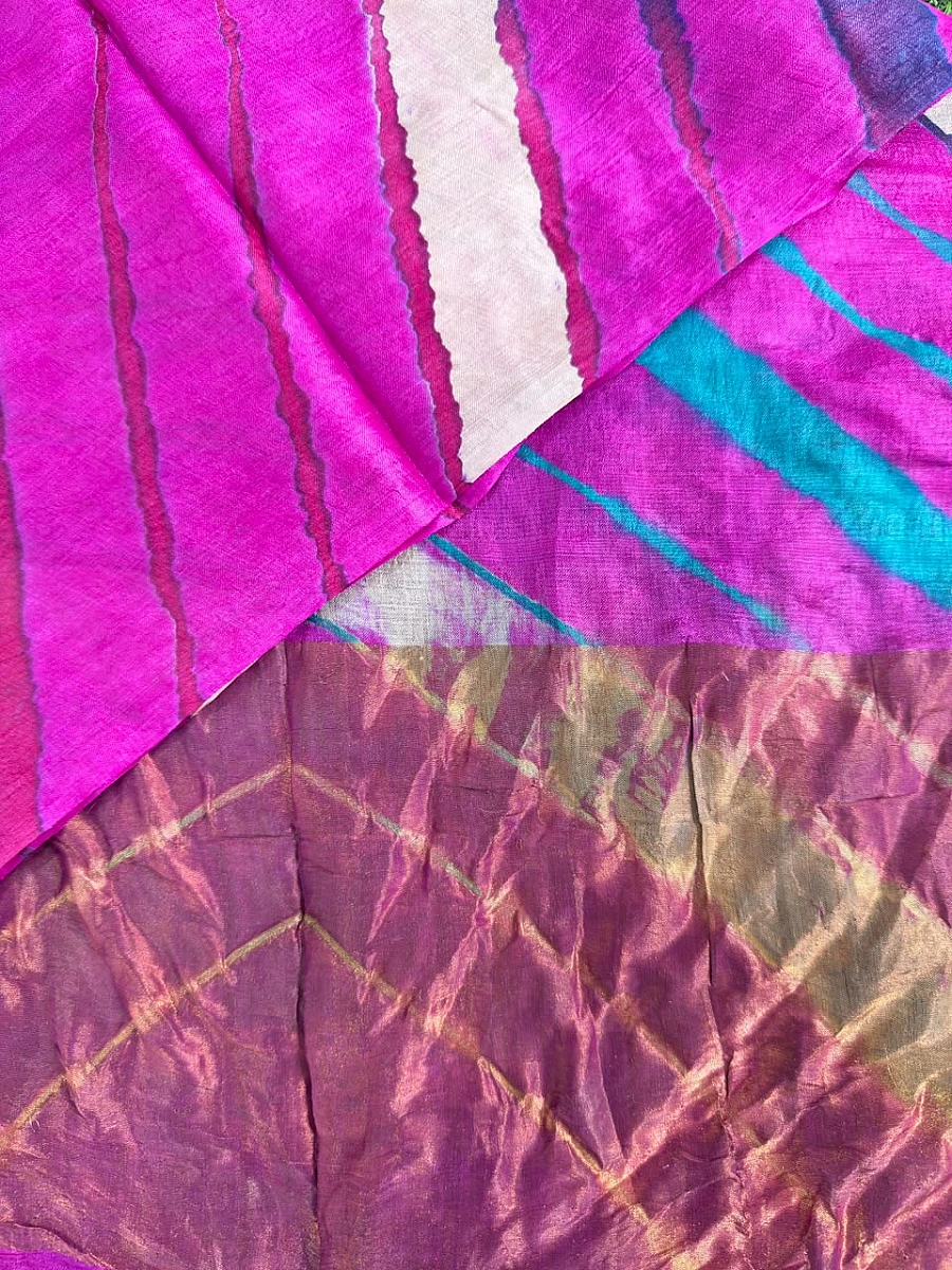 Dark Pink Pure Tusser Silk with vibrant multicolour Leheriya waves - Image 2
