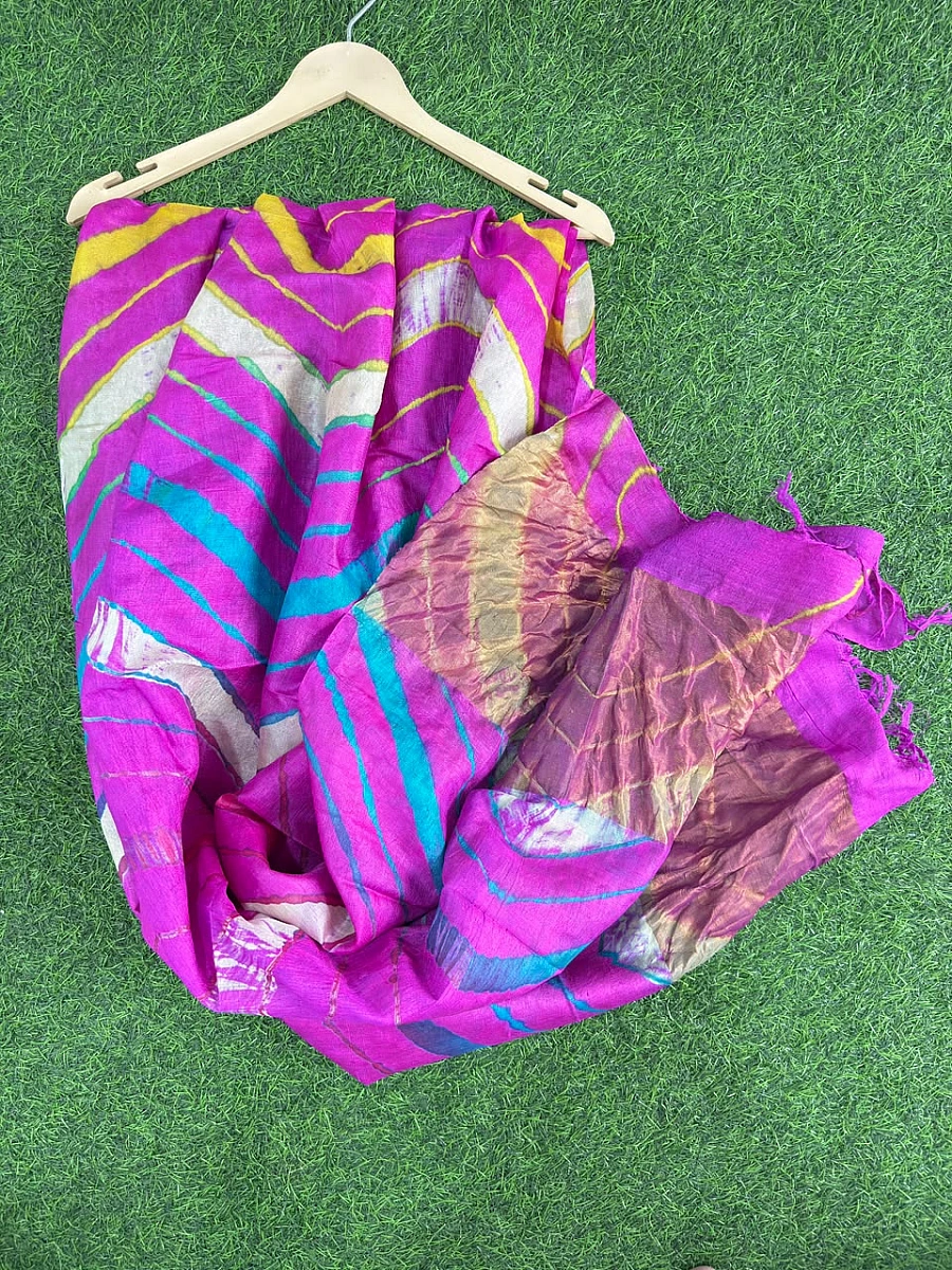 Dark Pink Pure Tusser Silk with vibrant multicolour Leheriya waves - Image 3