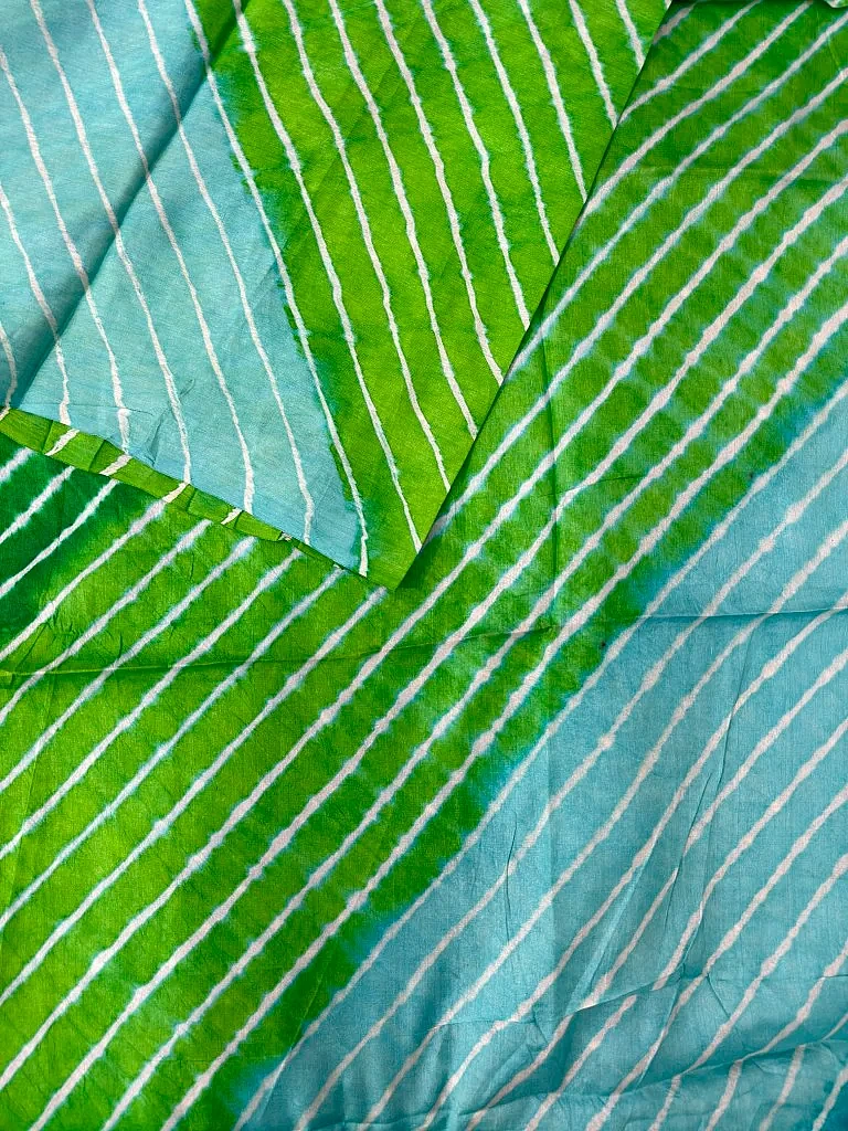 Green Pure Tussar Silk Leheriya Dress Material - Image 2