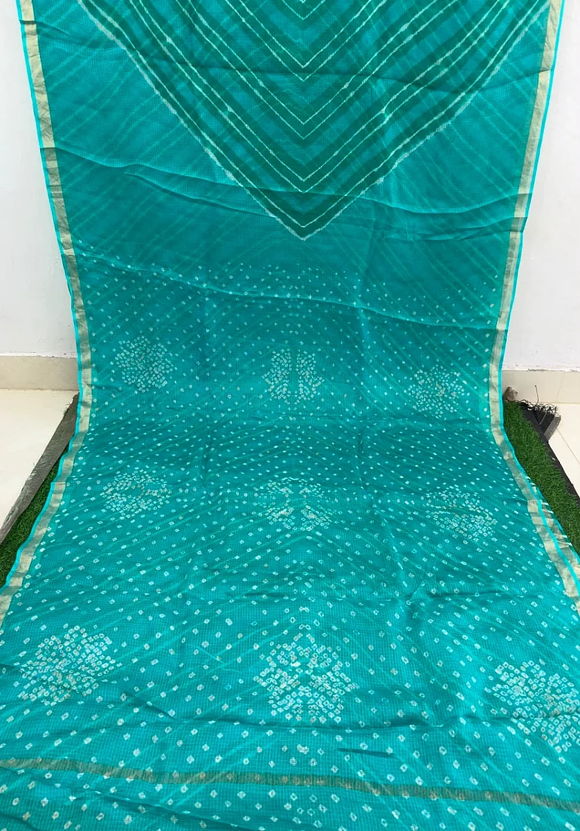 Teal Blue  Pure Kota Silk Leheriya paired with a stunning Bandhani pallu