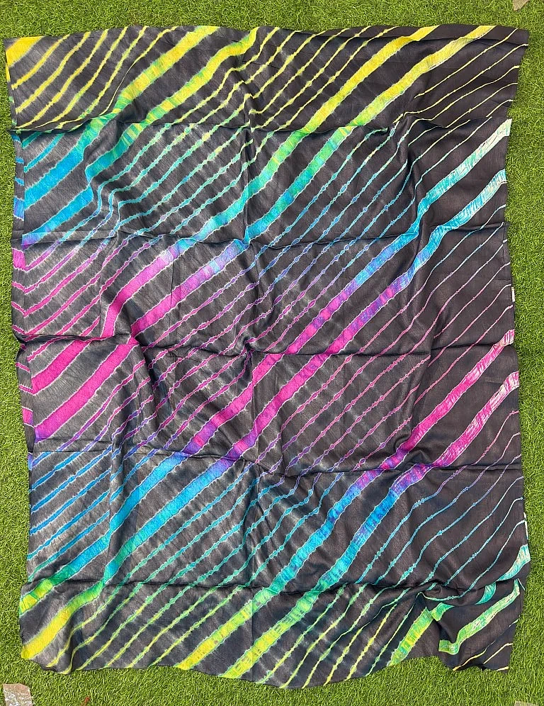 Black Pure Tussar Silk Leheriya Dress Material