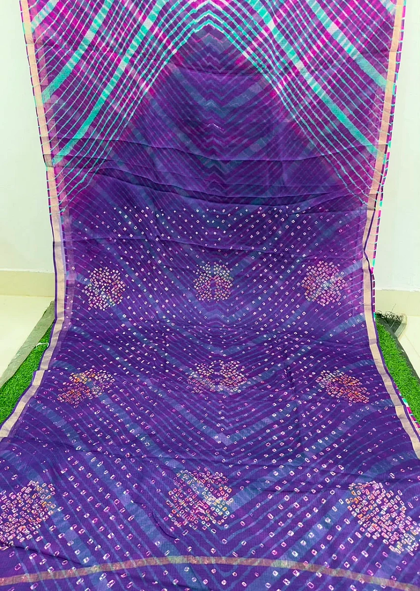 Purple Pure Kota Silk Leheriya paired with a stunning Bandhani pallu