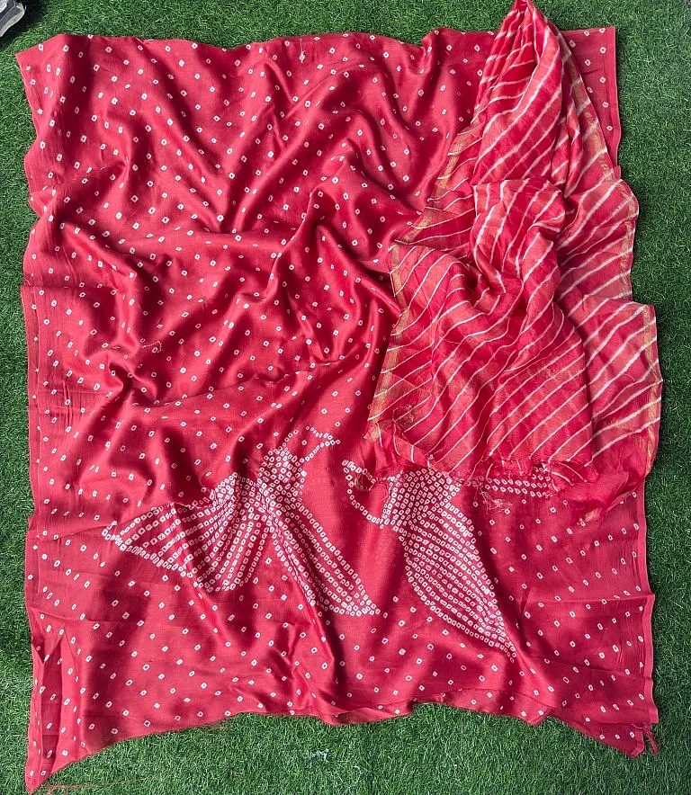 Pure Chanderi Leheriya And Bandhani Suite Set  Chanderi Kurta