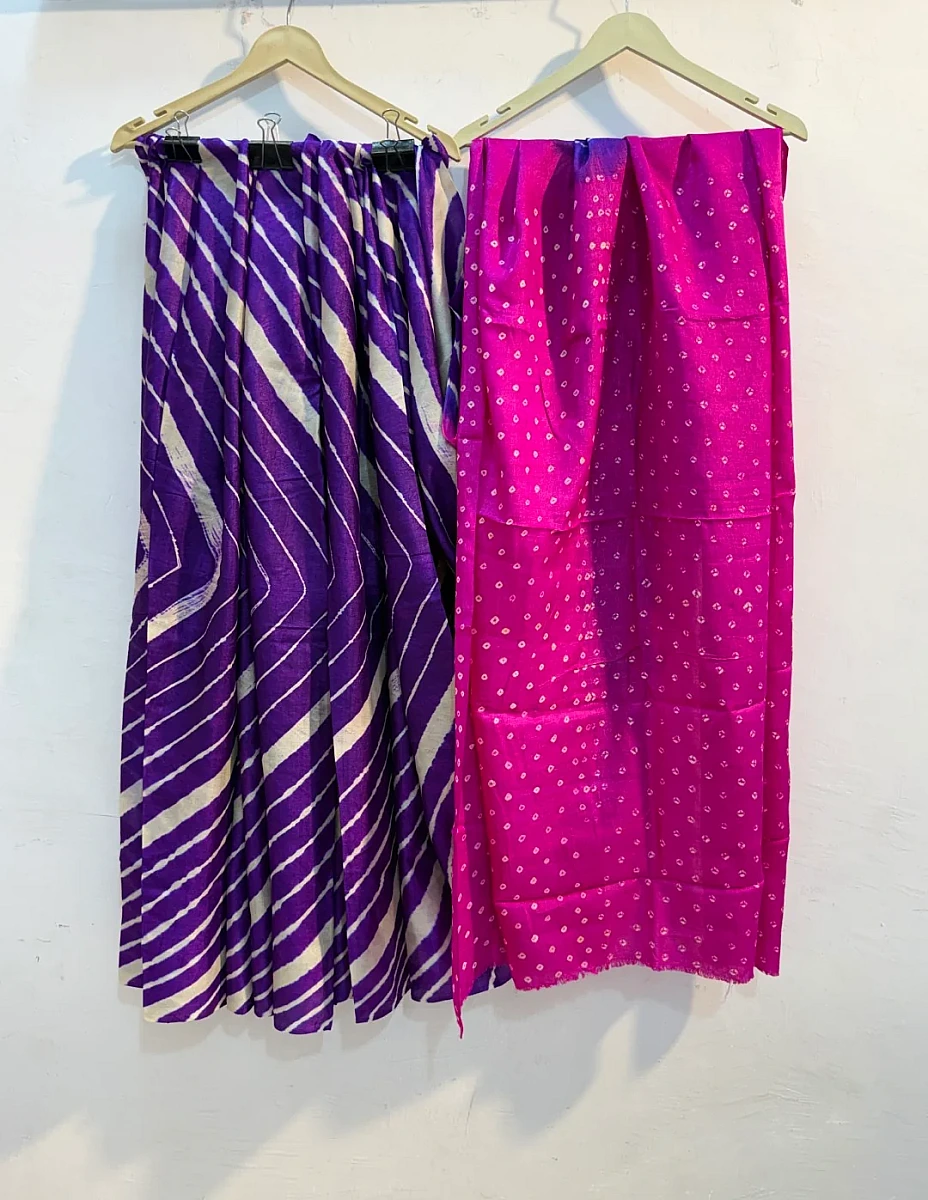 Pure Handloom Tussar Silk Leheriya Saree with Bandhani Pallu (Pink, Purple)  ✨ - Image 3