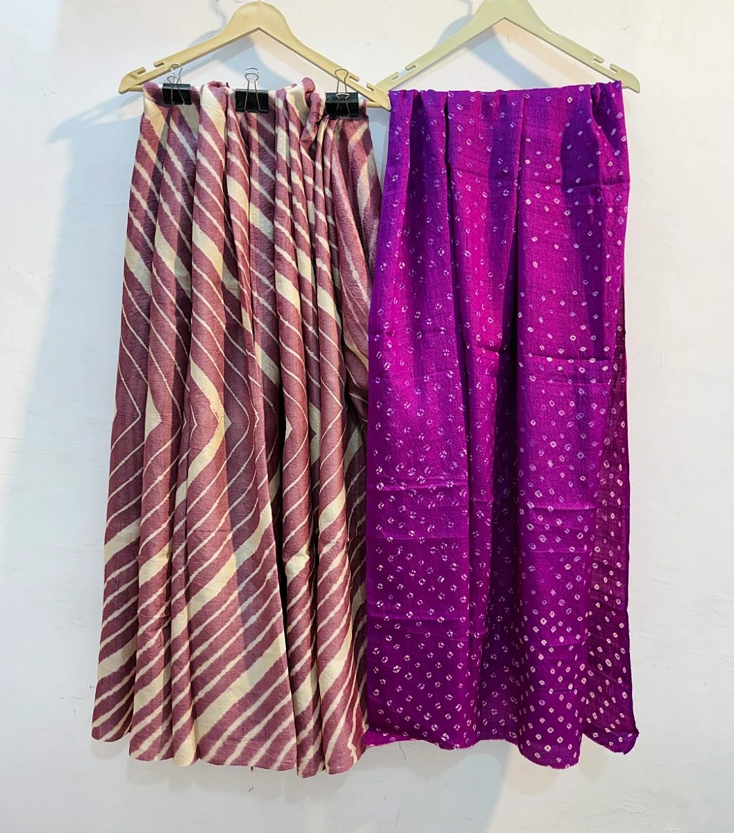 Pure Handloom Tussar Silk Leheriya Saree with Bandhani Pallu (Purple)  ✨
