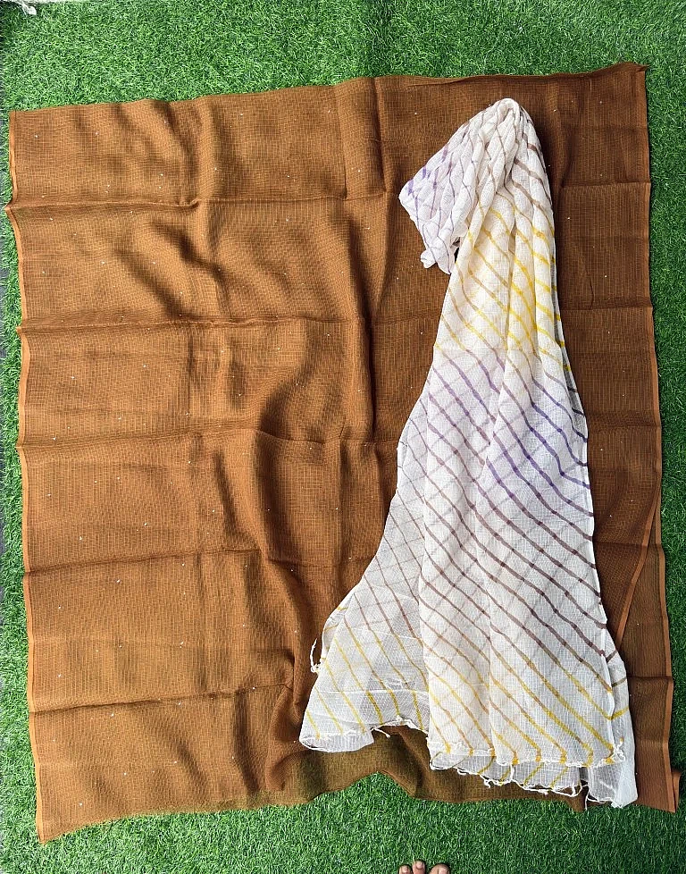 Pure Kora Cotton Suit Set With Mukesh Work And Multi Colour Leheriya Duptta