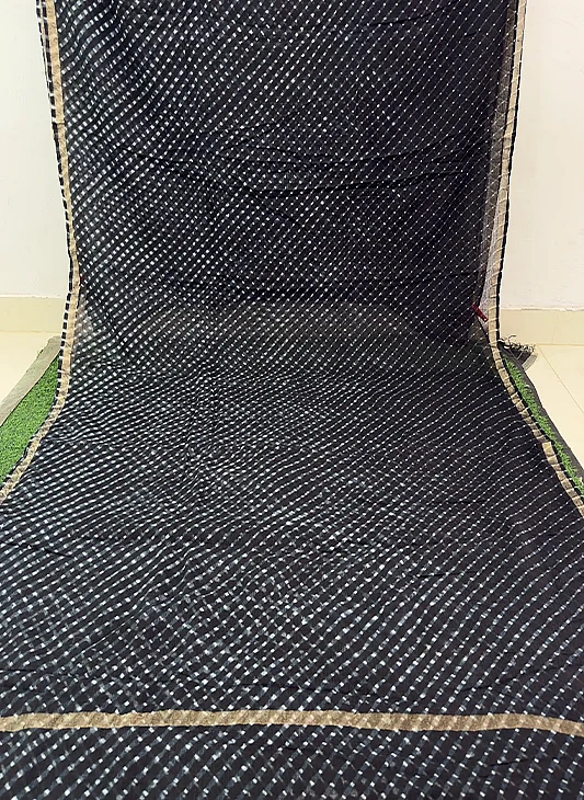Black Kota Cotton Leheriya Mothda Saree - Image 2