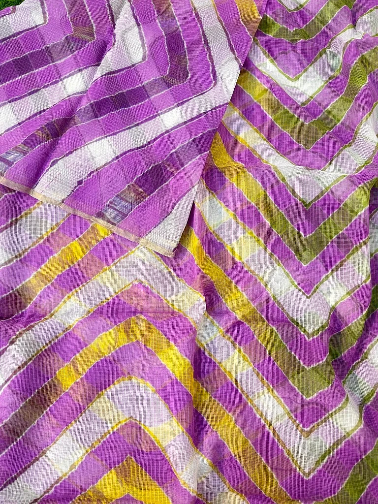 Purple Pure Kota Cotton Leheriya Multicolour Saree - Image 3