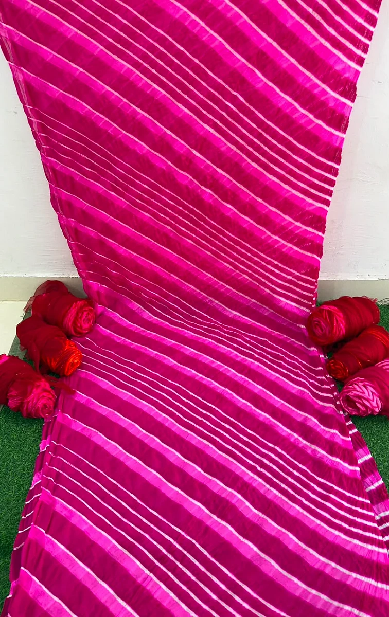 Pink Pure Double Diamond Chiffon Leheriya Sarees - Image 3