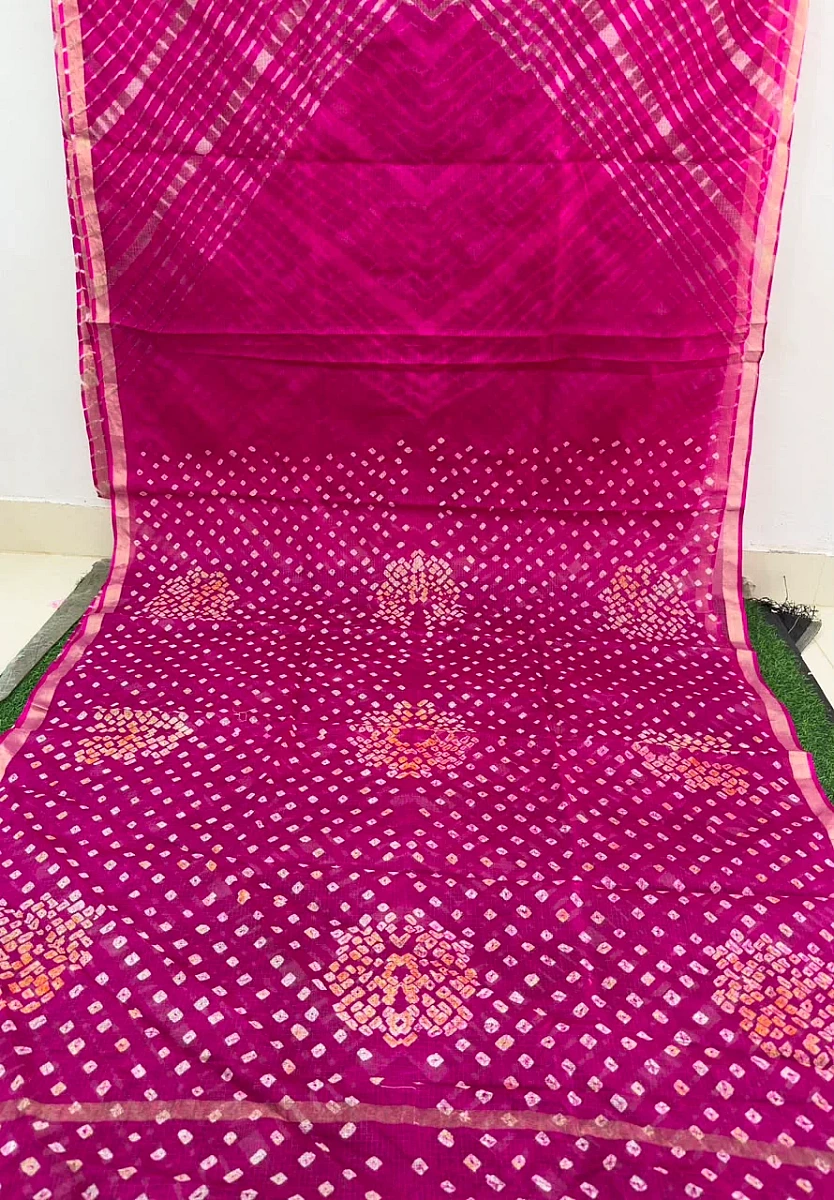 Dark Pink Pure Kota Silk Leheriya paired with a stunning Bandhani pallu