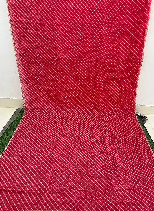 Red Kota Cotton Leheriya Mothda Saree - Image 2