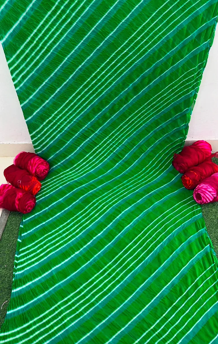 Green Pure Double Diamond Chiffon Leheriya Sarees - Image 2