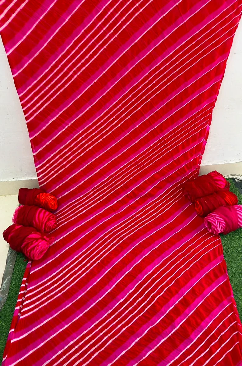 Red Pure Double Diamond Chiffon Leheriya Sarees - Image 2