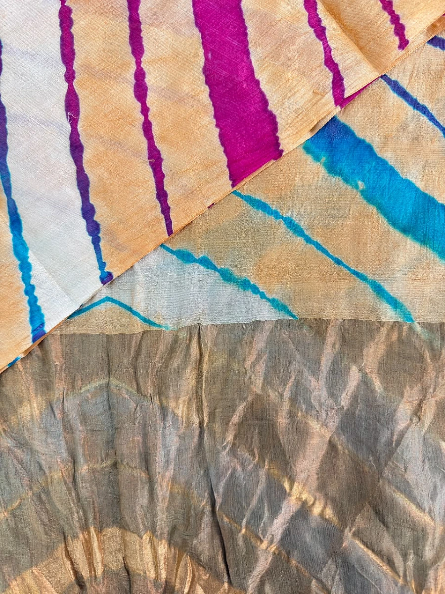 Yellow Pure Tusser Silk with vibrant multicolour Leheriya waves - Image 2