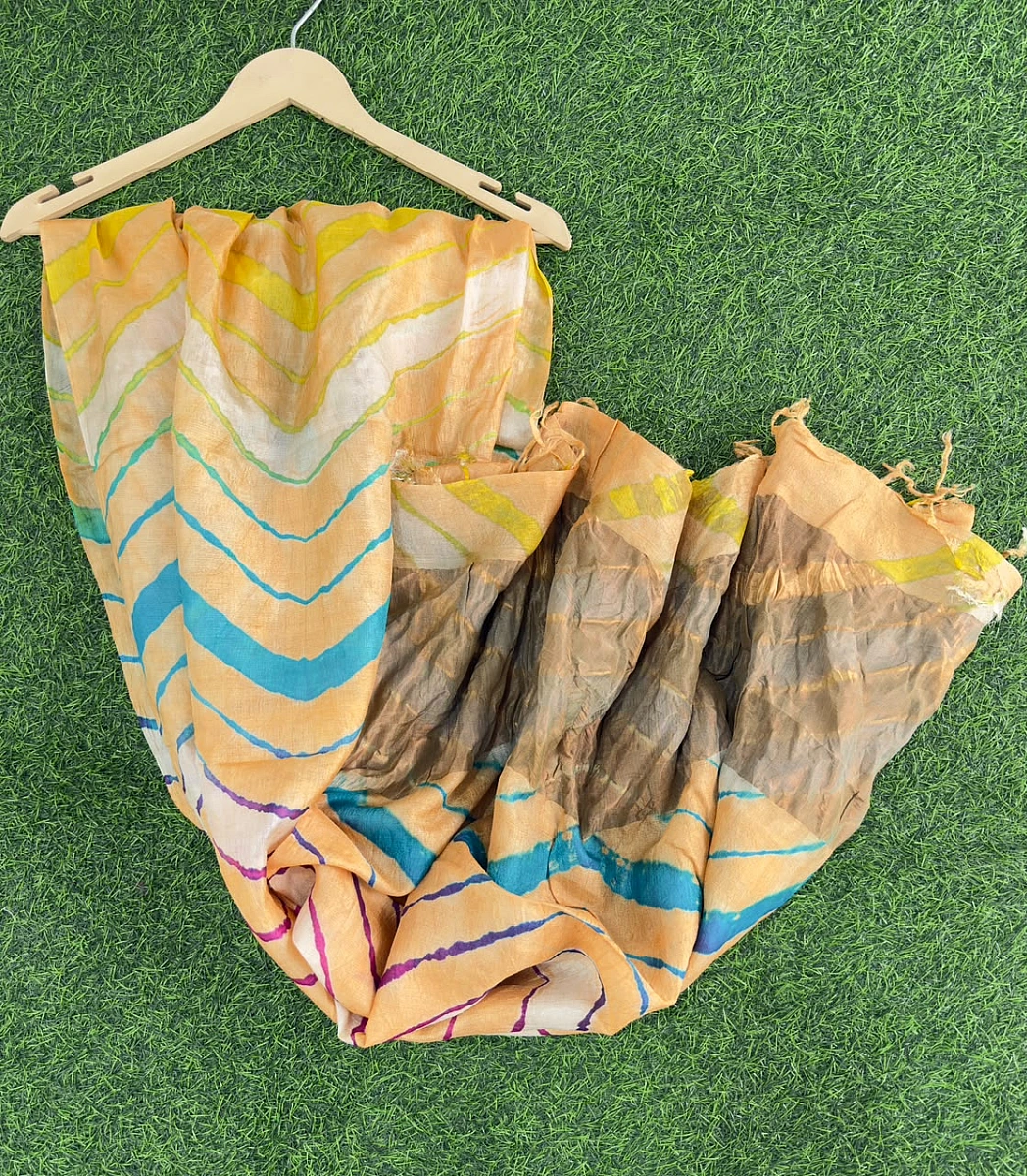Yellow Pure Tusser Silk with vibrant multicolour Leheriya waves - Image 3