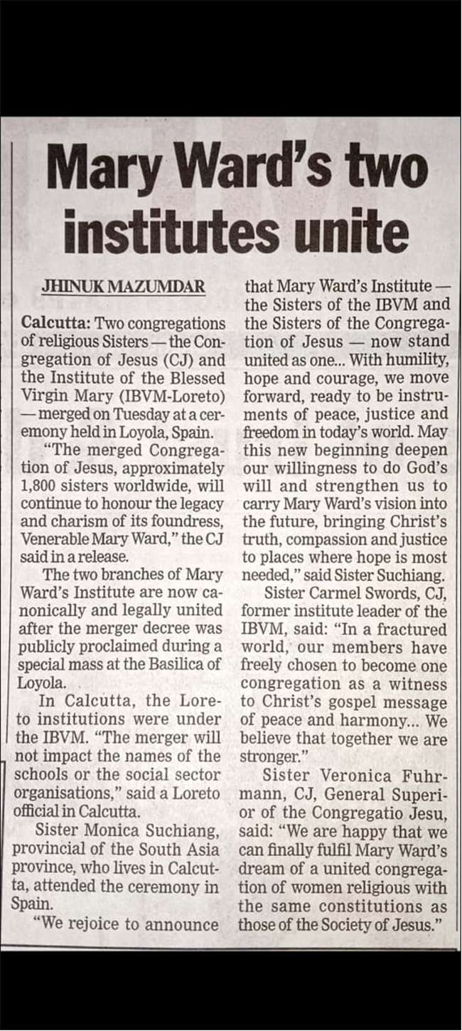 Mary Ward's two institutes unite