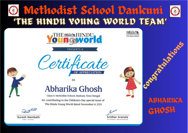 Abharika Ghosh -Guest Editor by ‘The Hindu Young World Team’ at Chennai for her article ‘