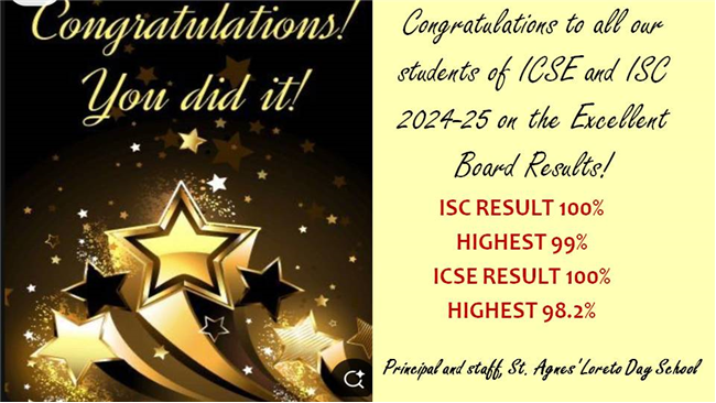 ST. AGNES' LORETO DAY SCHOOL CELEBRATES THE EXCELLENT BOARD RESULTS