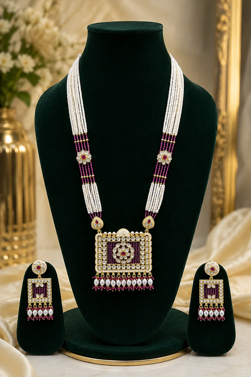 Heritage Pearl Kundan Necklace Set - Image 3