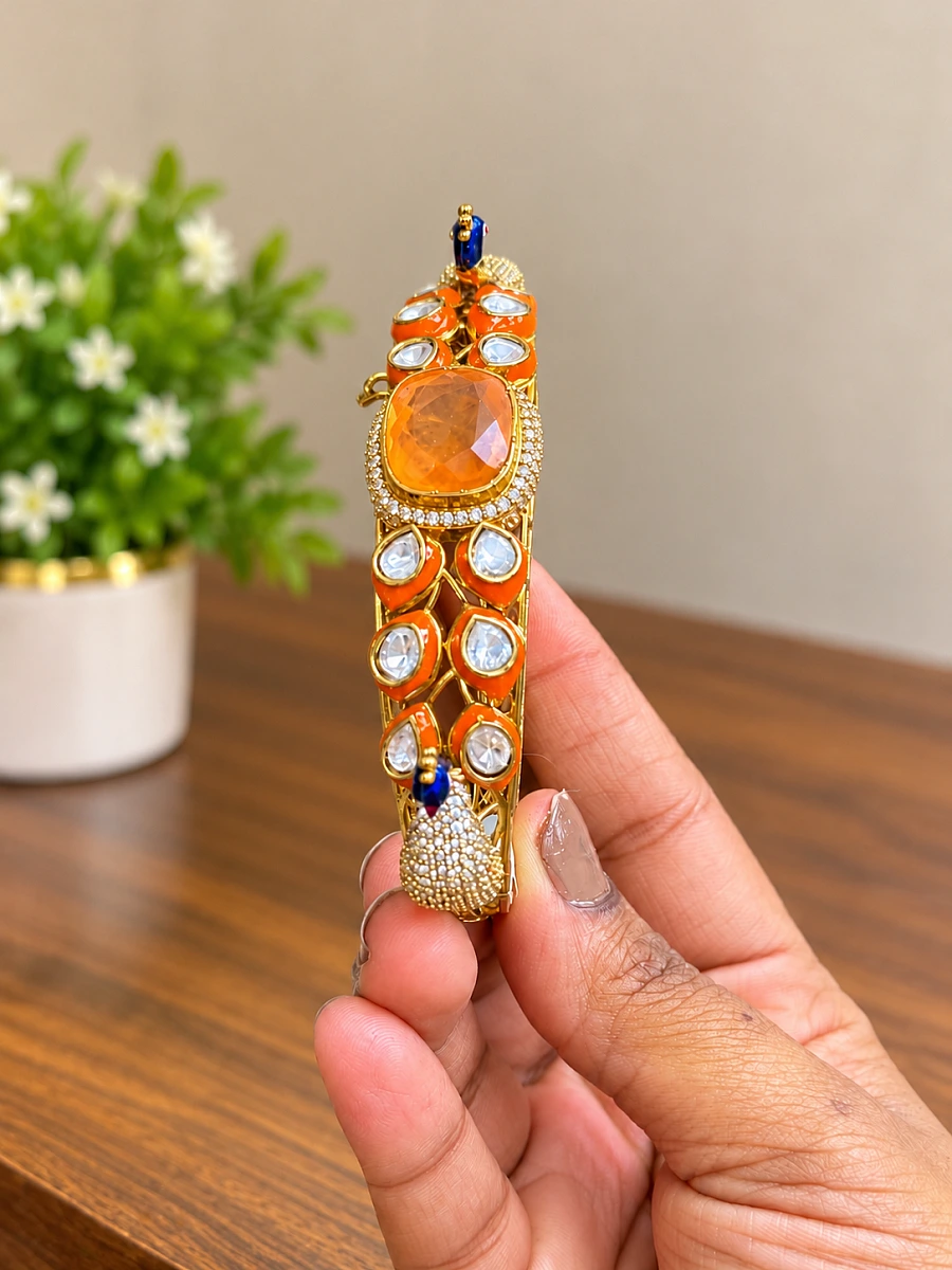Premium Mossanite Peacock Meenakari Bracelet - Image 8