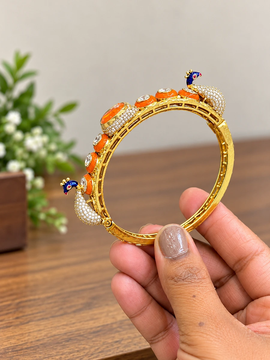 Premium Mossanite Peacock Meenakari Bracelet - Image 7
