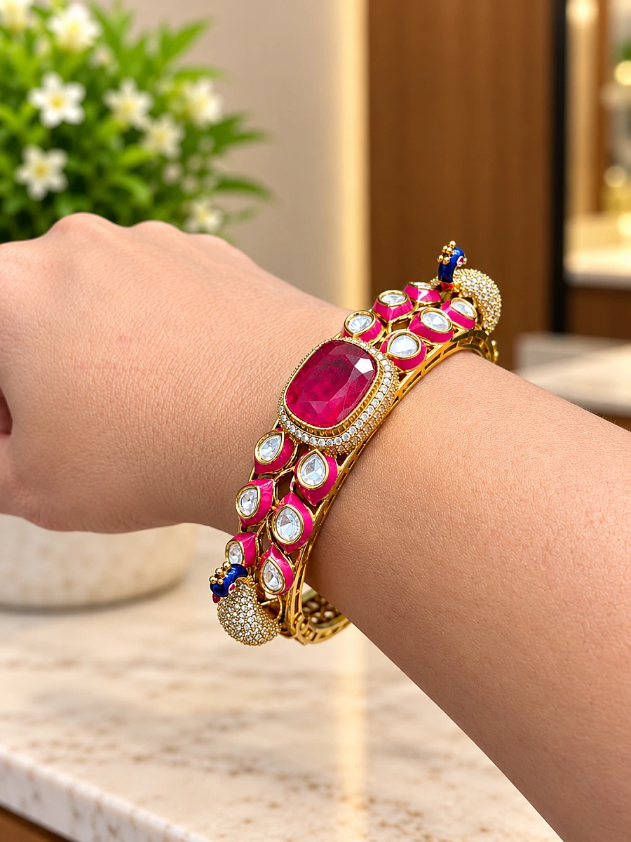 Premium Mossanite Peacock Meenakari Bracelet - Image 2