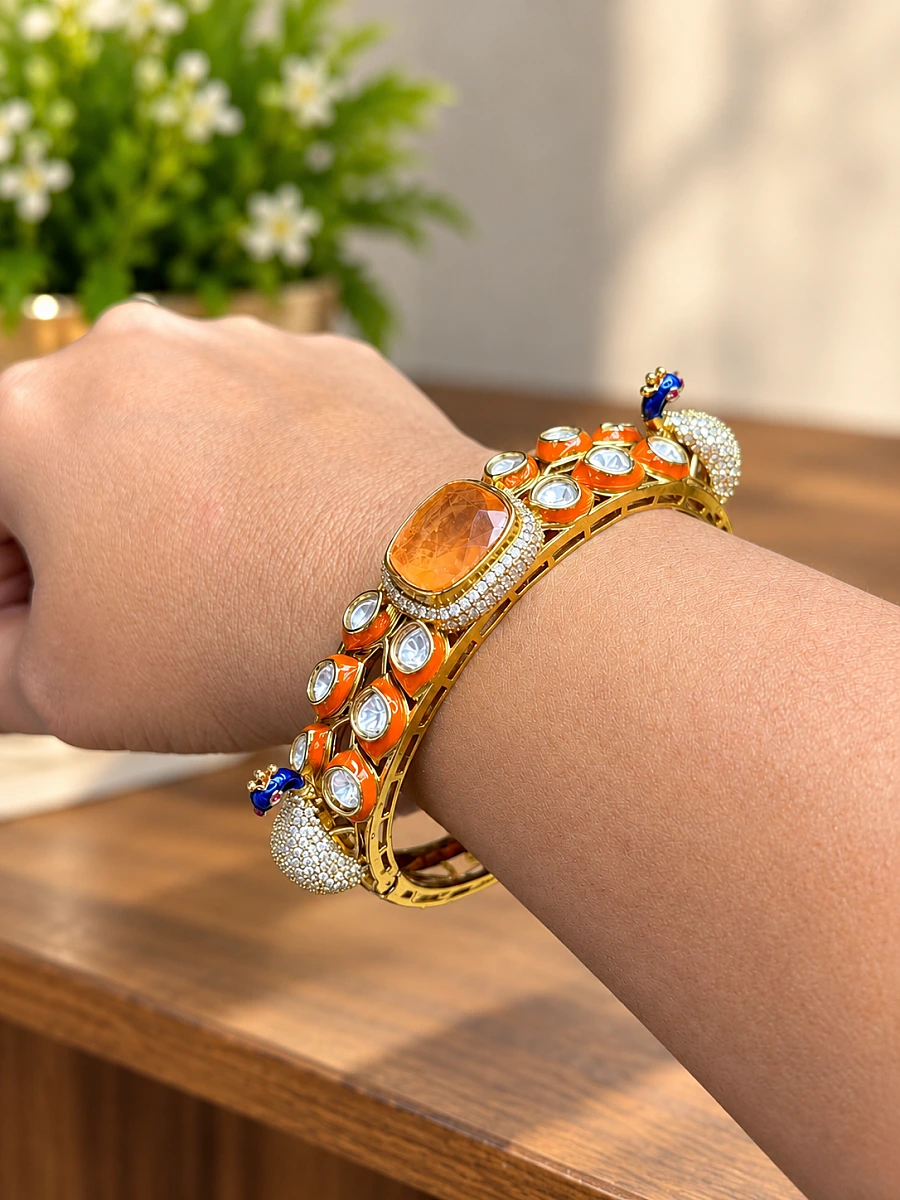 Premium Mossanite Peacock Meenakari Bracelet - Image 6