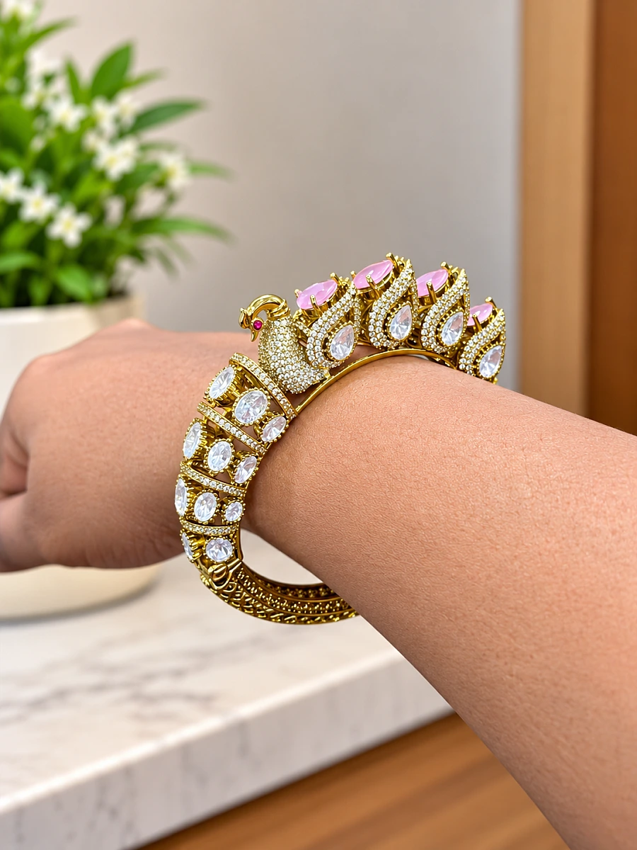 Swan Feather Mossanite Bracelet – Baby Pink Premium Brass Kada - Image 2
