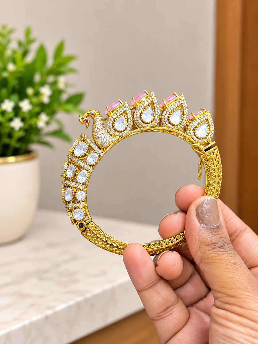 Swan Feather Mossanite Bracelet – Baby Pink Premium Brass Kada