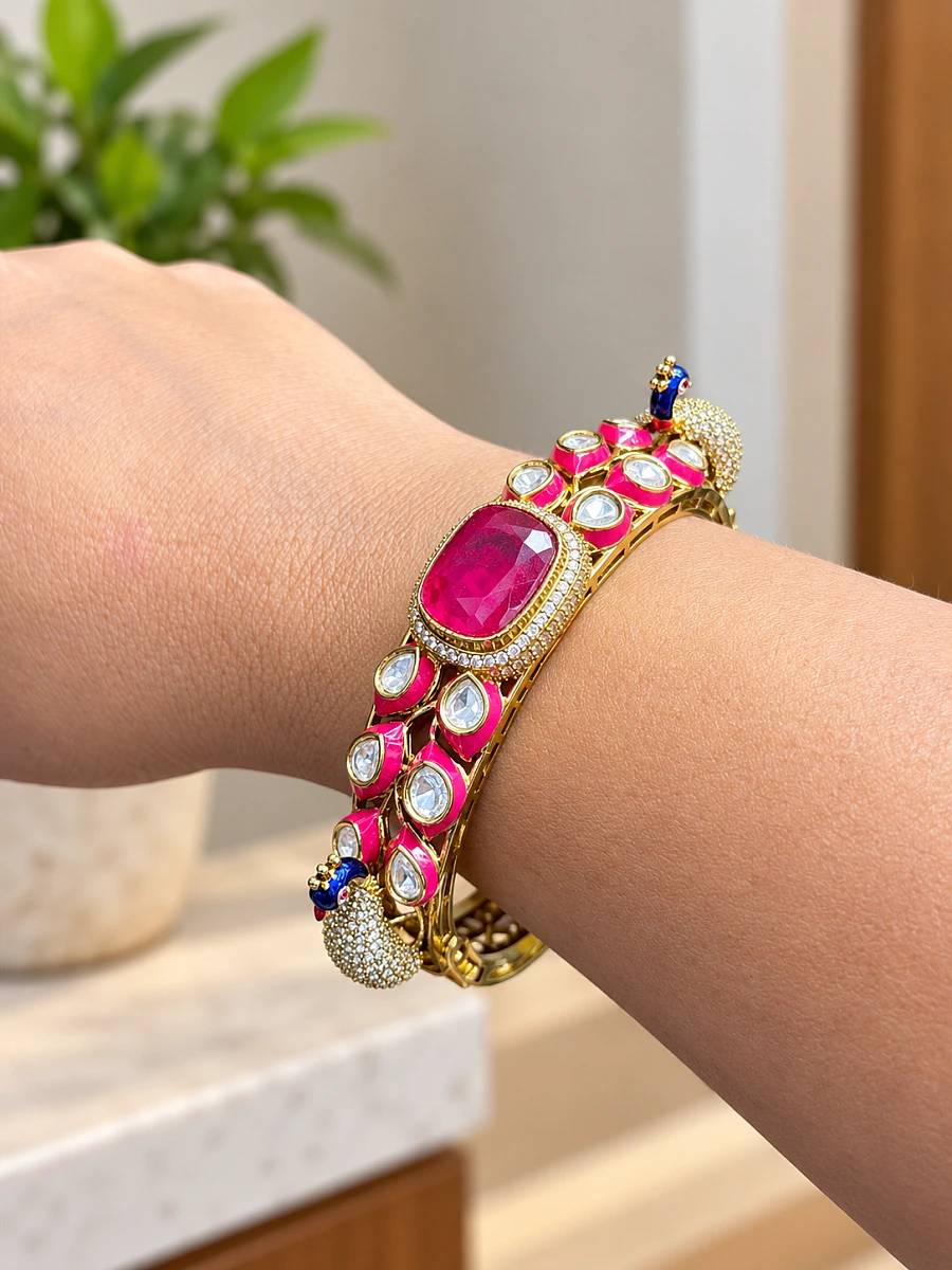 Premium Mossanite Peacock Meenakari Bracelet
