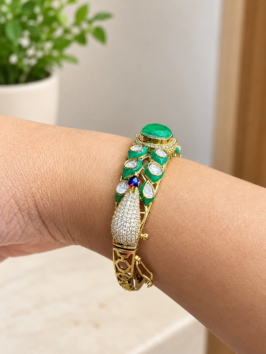 Premium Mossanite Peacock Meenakari Bracelet - Image 5