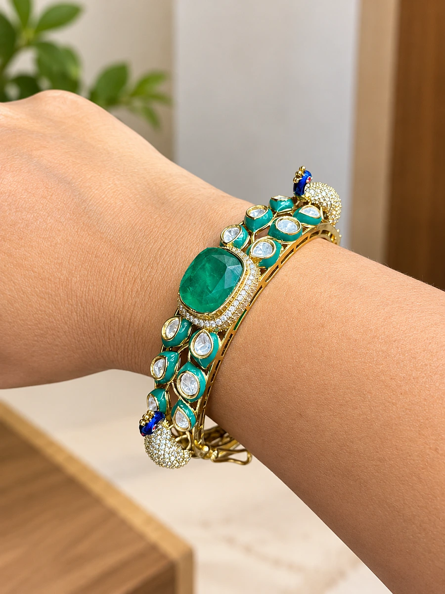 Premium Mossanite Peacock Meenakari Bracelet - Image 3