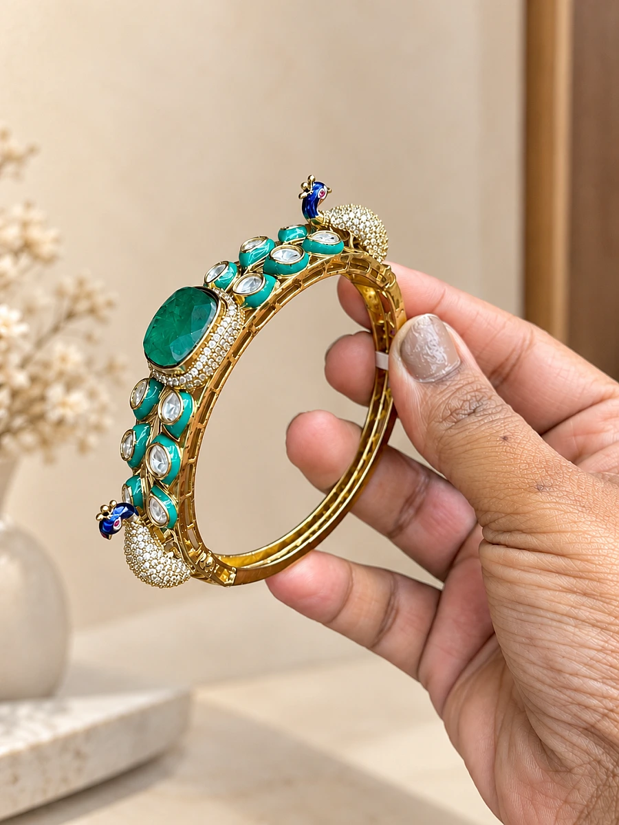Premium Mossanite Peacock Meenakari Bracelet - Image 4
