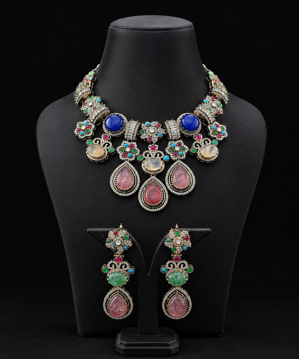 Viral Turkish Necklace Set with Matching Earrings | Premium Multicolour Stone Jewellery