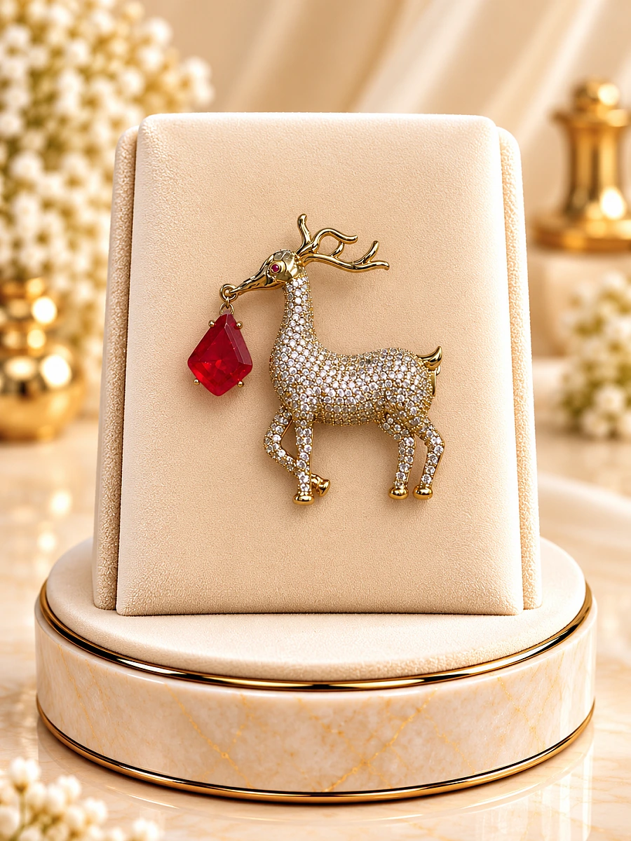 Premium Deer Designer Brooch – Red Gemstone & Crystal Embellished Brooch