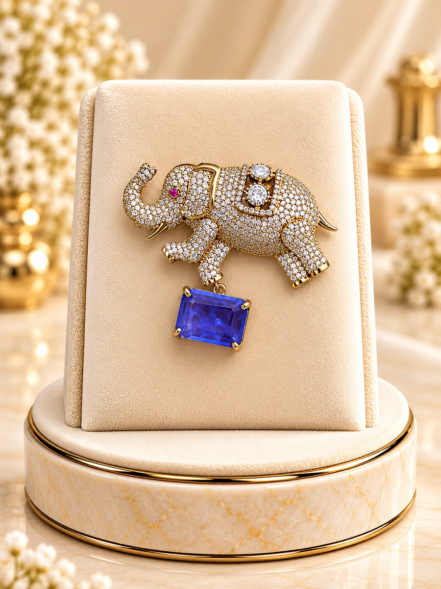 Premium Elephant Designer Brooch – Blue Gemstone & Crystal Embellished Brooch
